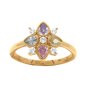 Bague en plaqu or forme  fleur avec oxydes couleurs pastels sertis clos