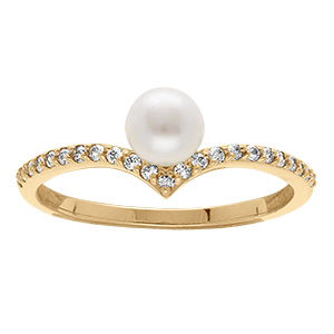 Bague en plaqu� or forme v orn�e d'oxydes blancs et perle de culture d'eau douce