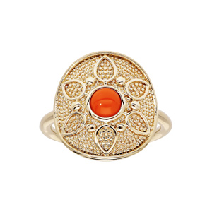 Bague en plaqu or forme ronde motif fleur et pierre couleur corail - Vue 1