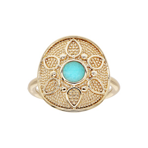 Bague en plaqu or forme ronde motif fleur et pierre couleur turquoise - Vue 1