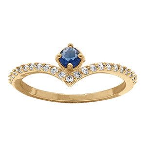 Bague  en plaqu� or forme V vec oxydes blancs et un oxyde central bleu serti