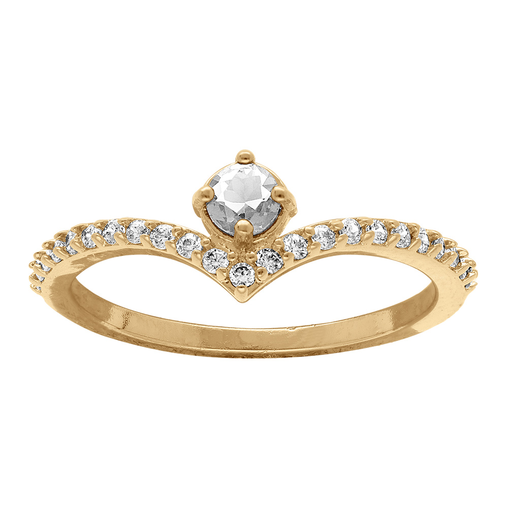 Bague en plaqu� or forme V vec oxydes blancs et un oxyde central serti - Vue 1