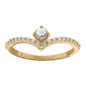 Bague en plaqu� or forme V vec oxydes blancs et un oxyde central serti