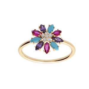 Bague en plaqu or gomtrie fleur oxydes multi couleurs - Vue 1