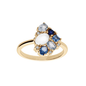 Bague en plaqu or gomtrie oxydes bleus et blanc - Vue 1