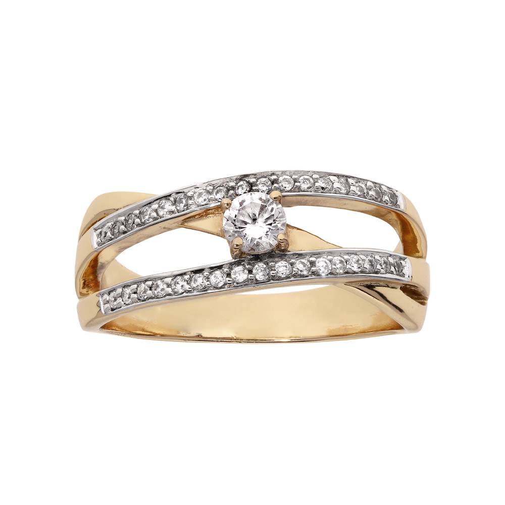 Bague en plaqu� or grande taille oxyde blanc central et 2 rangs oxydes blancs sertis - Vue 1