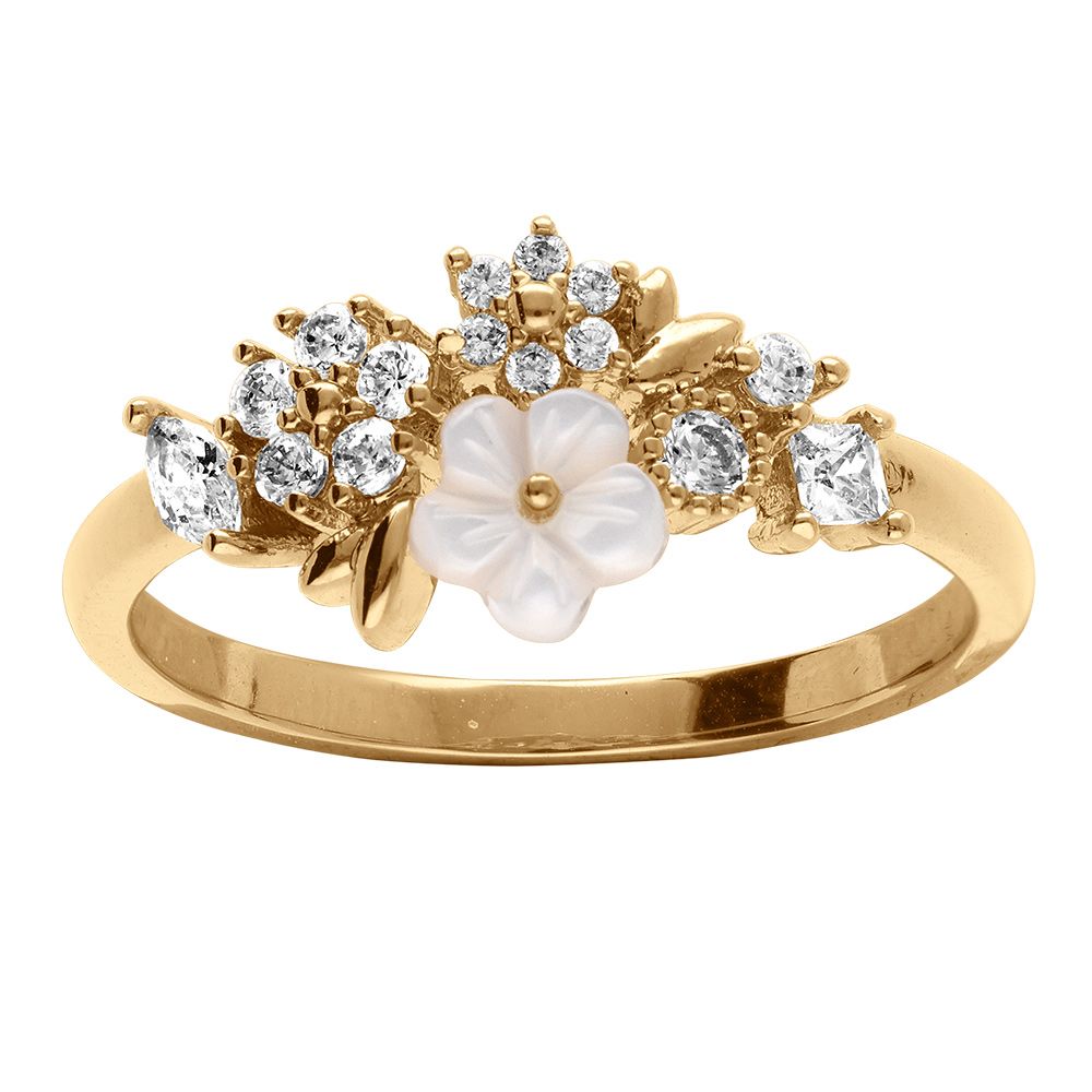 Bague en plaqu� or jardin fleuri d\'oxydes blancs et sa fleur de nacre blanche - Vue 1