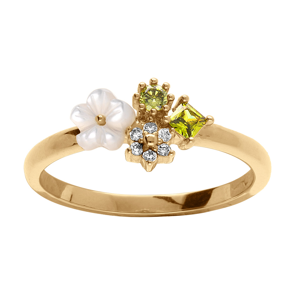 Bague en plaqu� or jardin fleuri d\'oxydes blancs et vert olive et sa fleur de nacre blanche - Vue 1