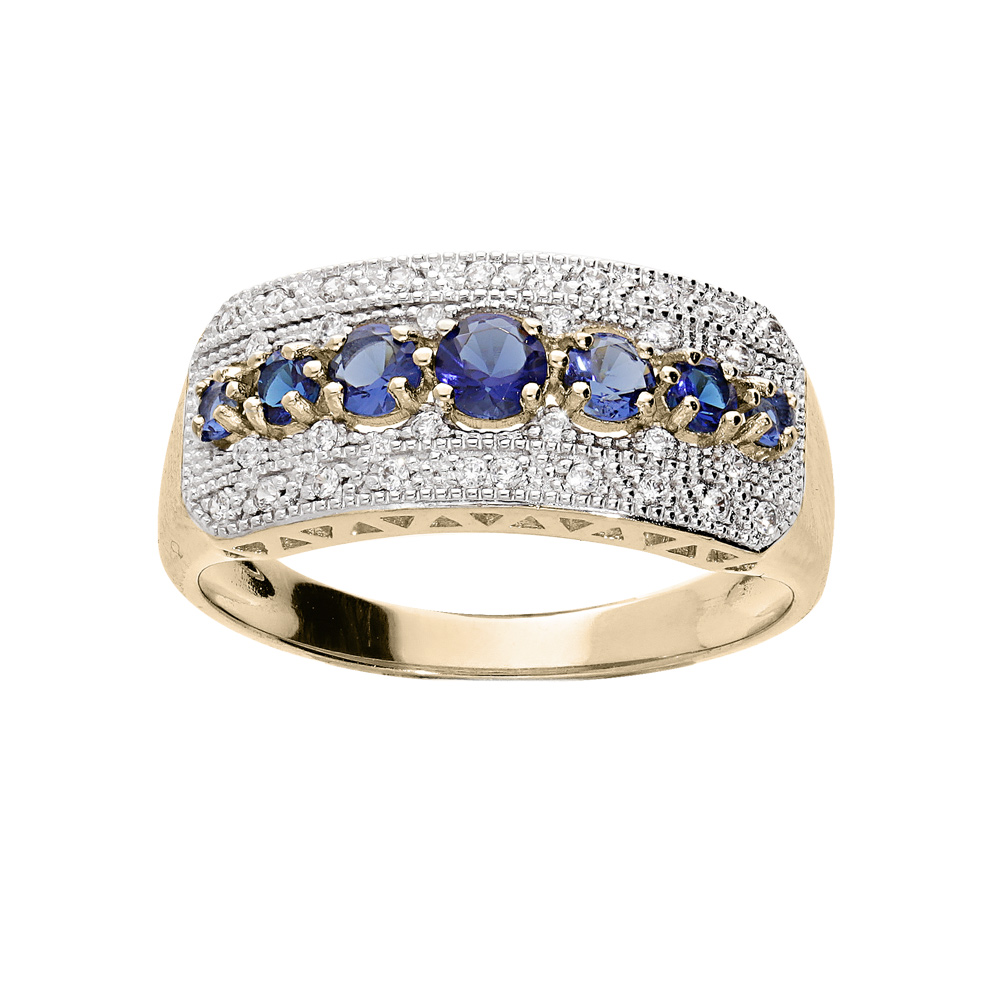 Bague en plaqu� or large avec oxydes bleus et blancs sertis - Vue 1