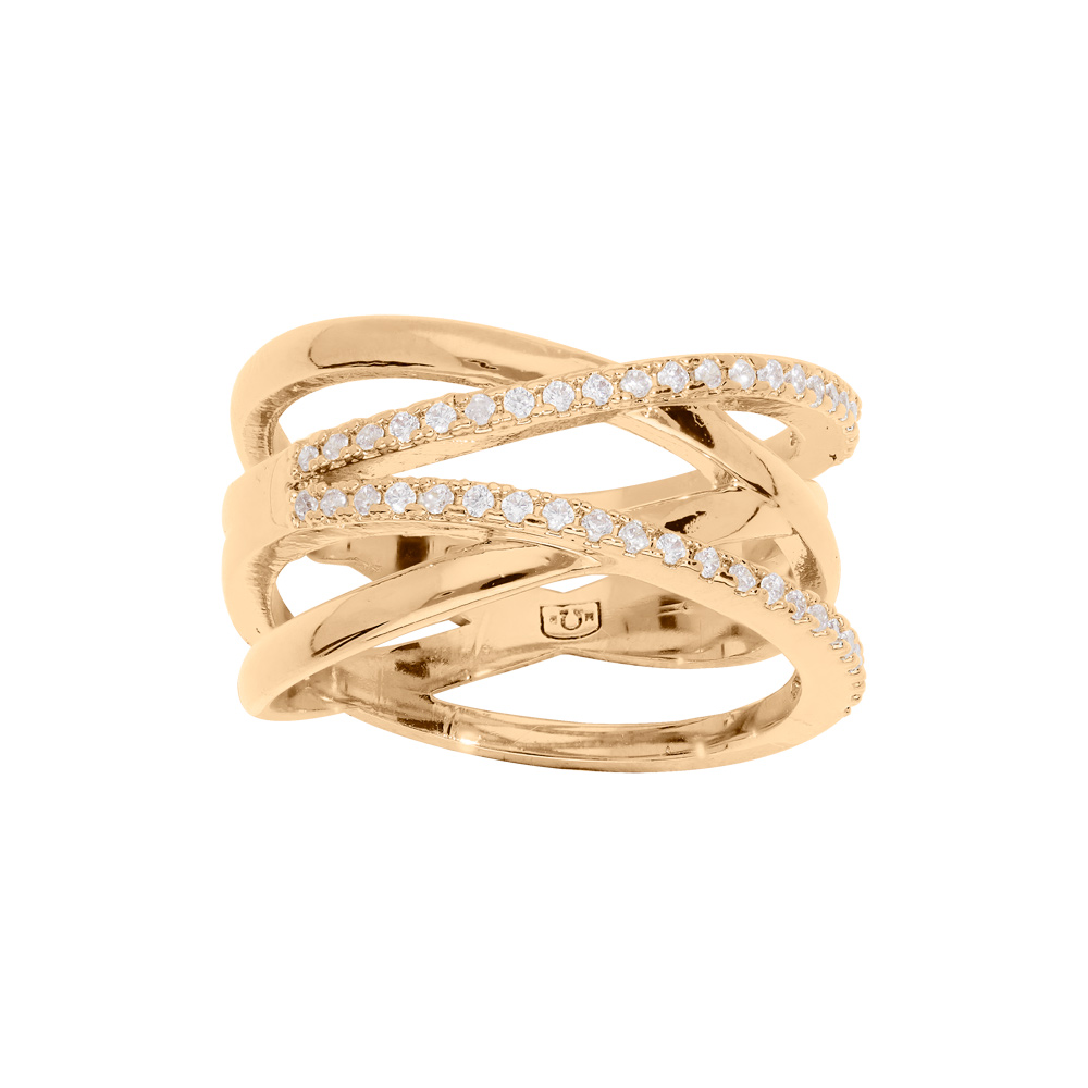 Bague en plaqu� or large crois� avec oxydes blancs sertis - Vue 1