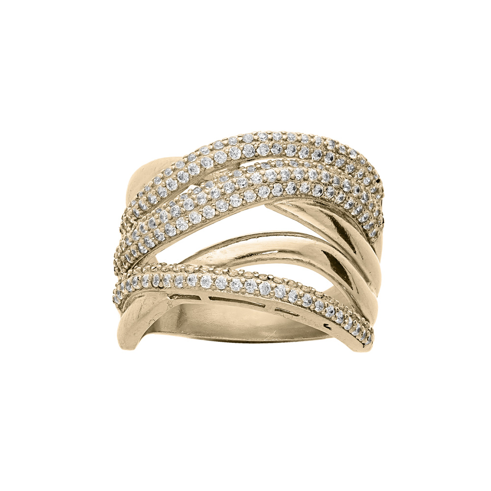 Bague en plaqu� or large crois�e avec oxydes blancs sertis - Vue 1