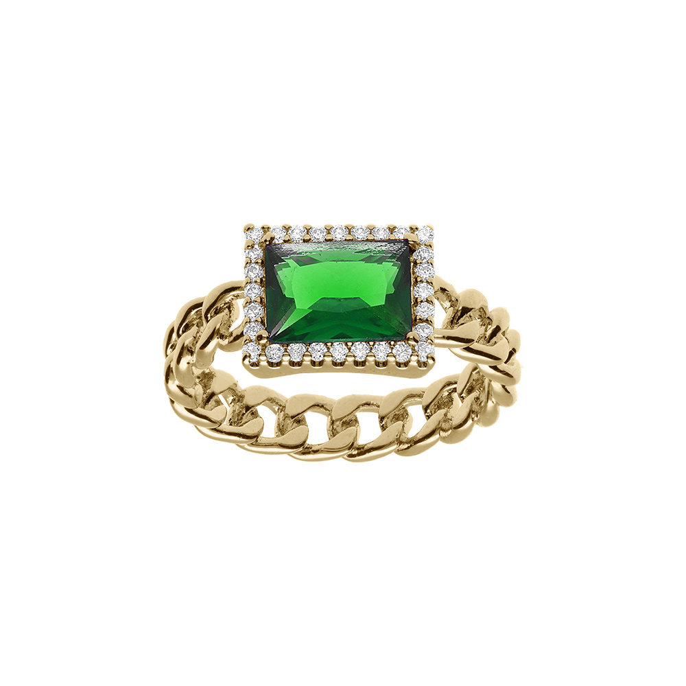 Bague en plaqu or mailles entrelaces avec oxyde vert  et contour d\'oxydes blancs - Vue 1