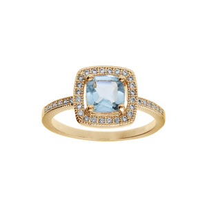 Bague en plaqu or massif pierre carr Topaze bleue vritable contour oxydes blancs sertis - Vue 1