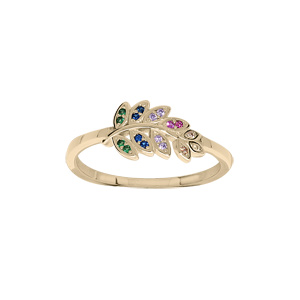 Bague en plaqu or motif feuille avec oxydes multi couleurs - Vue 1