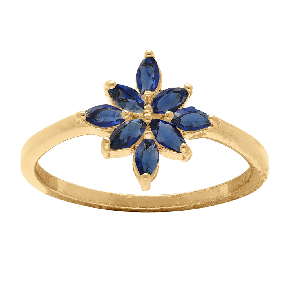 Bague en  plaqu� or motif fleur orn� d\'oxydes bleus - Vue 1