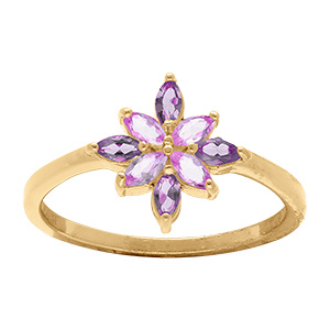 Bague en plaqu� or motif fleur orn� d'oxydes violet et rose