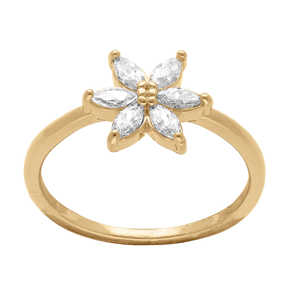 Bague en plaqu� or motif fleur six p�tales orn�s d\'oxydes blancs - Vue 1