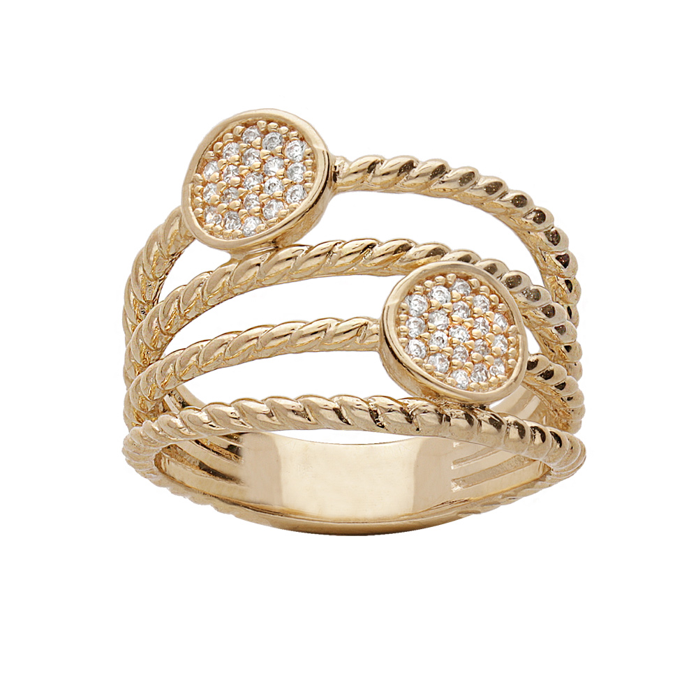 Bague en plaqu� or multi fils torsade et pastilles oxydes blancs sertis - Vue 1