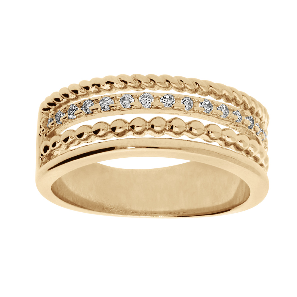 Bague en plaqué or multi rangs perlés et oxydes blancs sertis