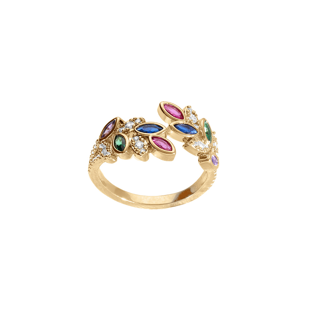 Bague en  plaqu or navettes multi couleurs et oxydes blancs - Vue 1