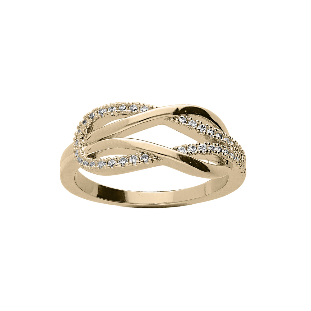 Bague en plaqu� or noeud et volute avec oxydes blancs sertis - Vue 1