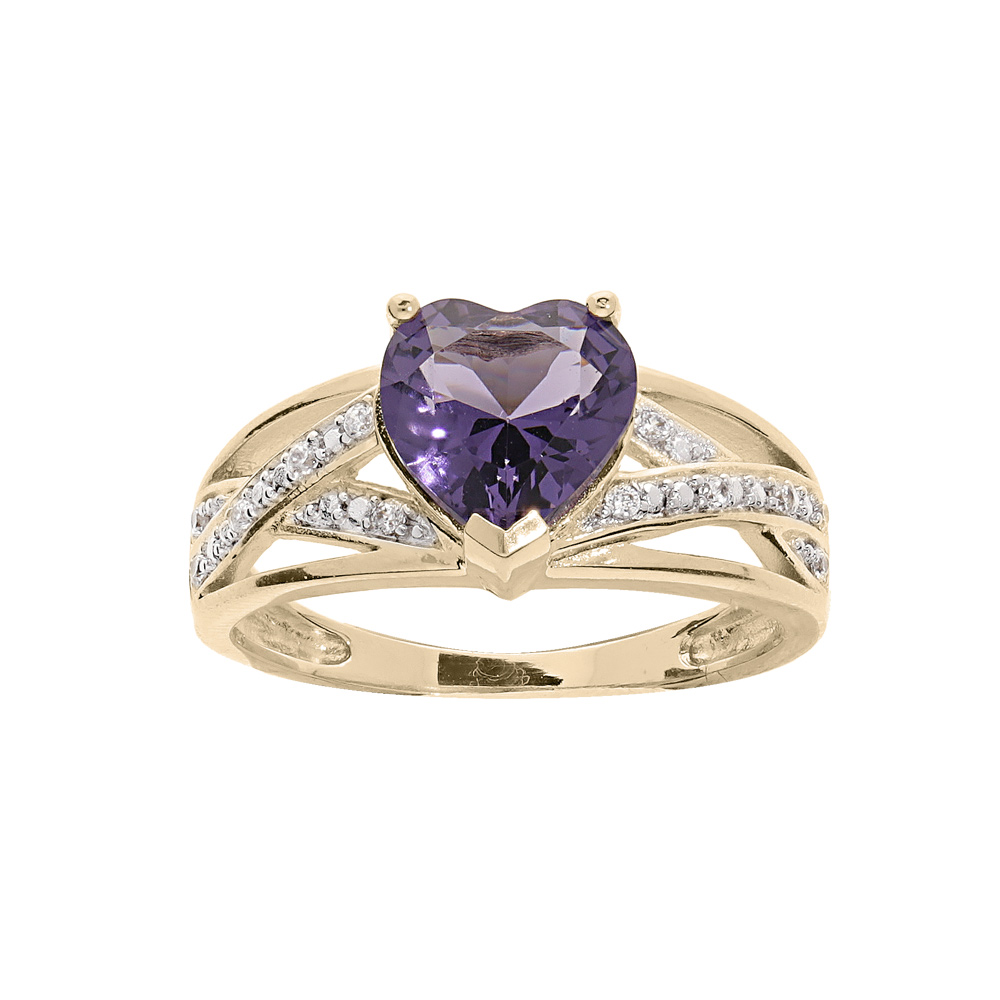 Bague en plaqu or oxyde violet forme coeur et 2 rails croiss oxydes blancs sertis - Vue 1