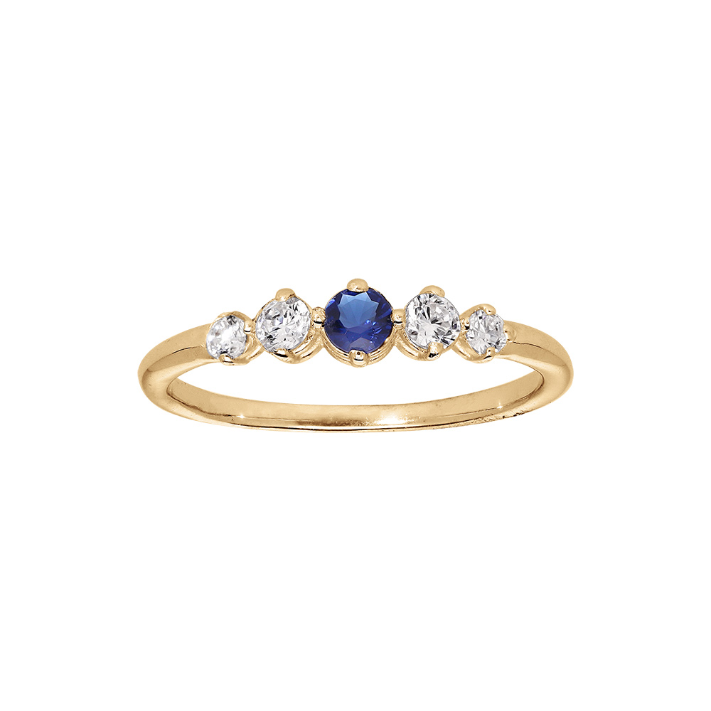 Bague en plaqu� or 4 oxydes blancs sertis et 1 centre bleu fonc� - Vue 1