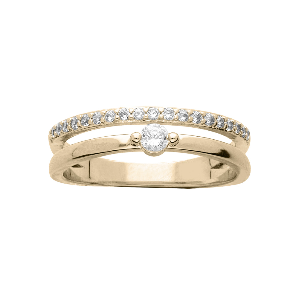 Bague en plaqu or 2 rangs avec oxyde blanc serti et 1 rail oxydes blancs sertis - Vue 1
