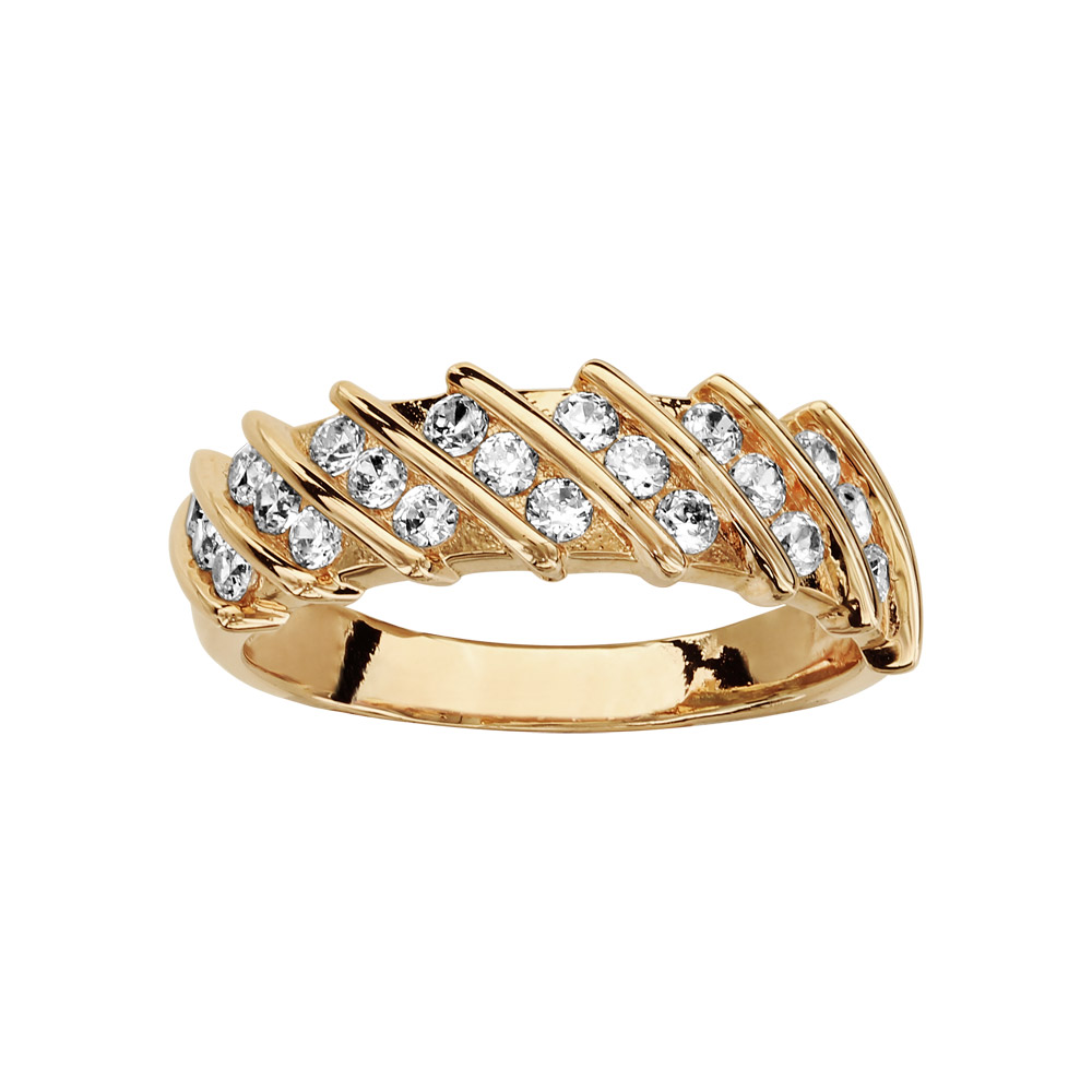 Bague en plaqu� or 7 rangs de 3 oxydes blancs sertis en biais - Vue 1