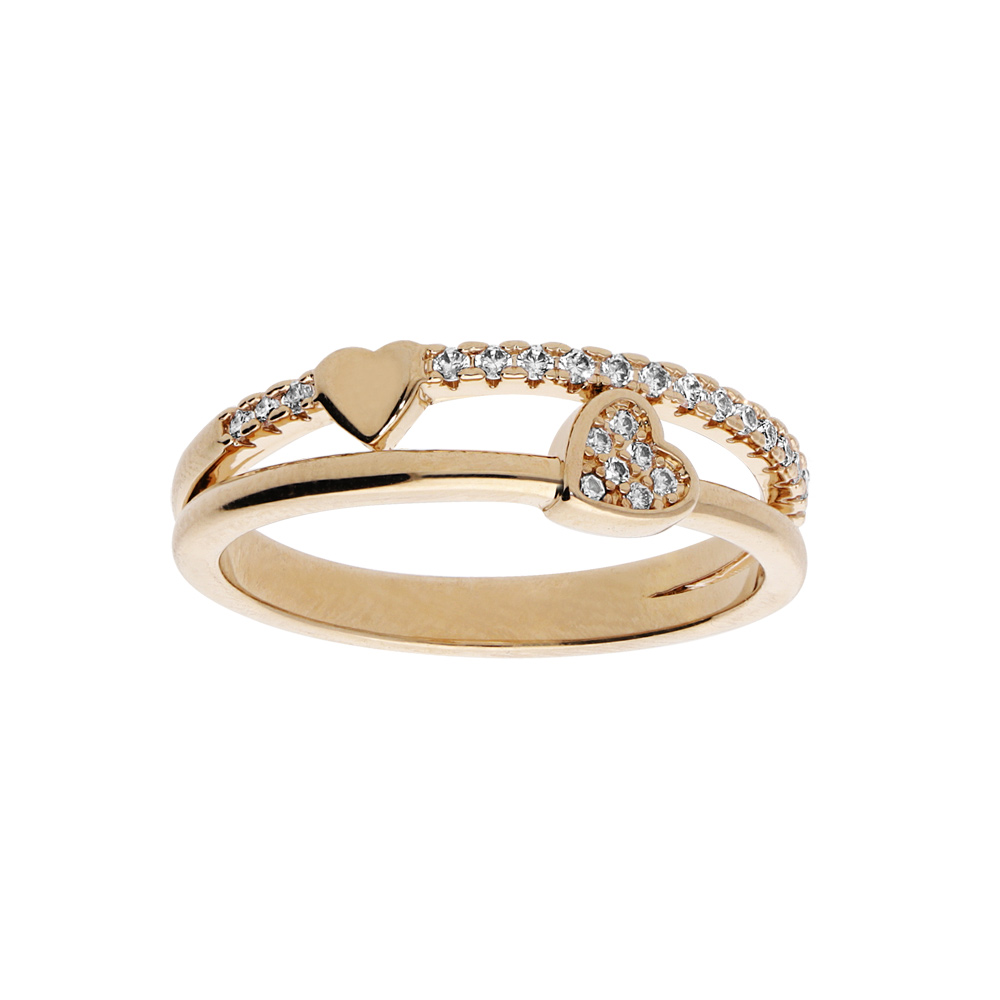 Bague en plaqu� or 2 rangs motif coeurs et oxydes blancs sertis - Vue 1