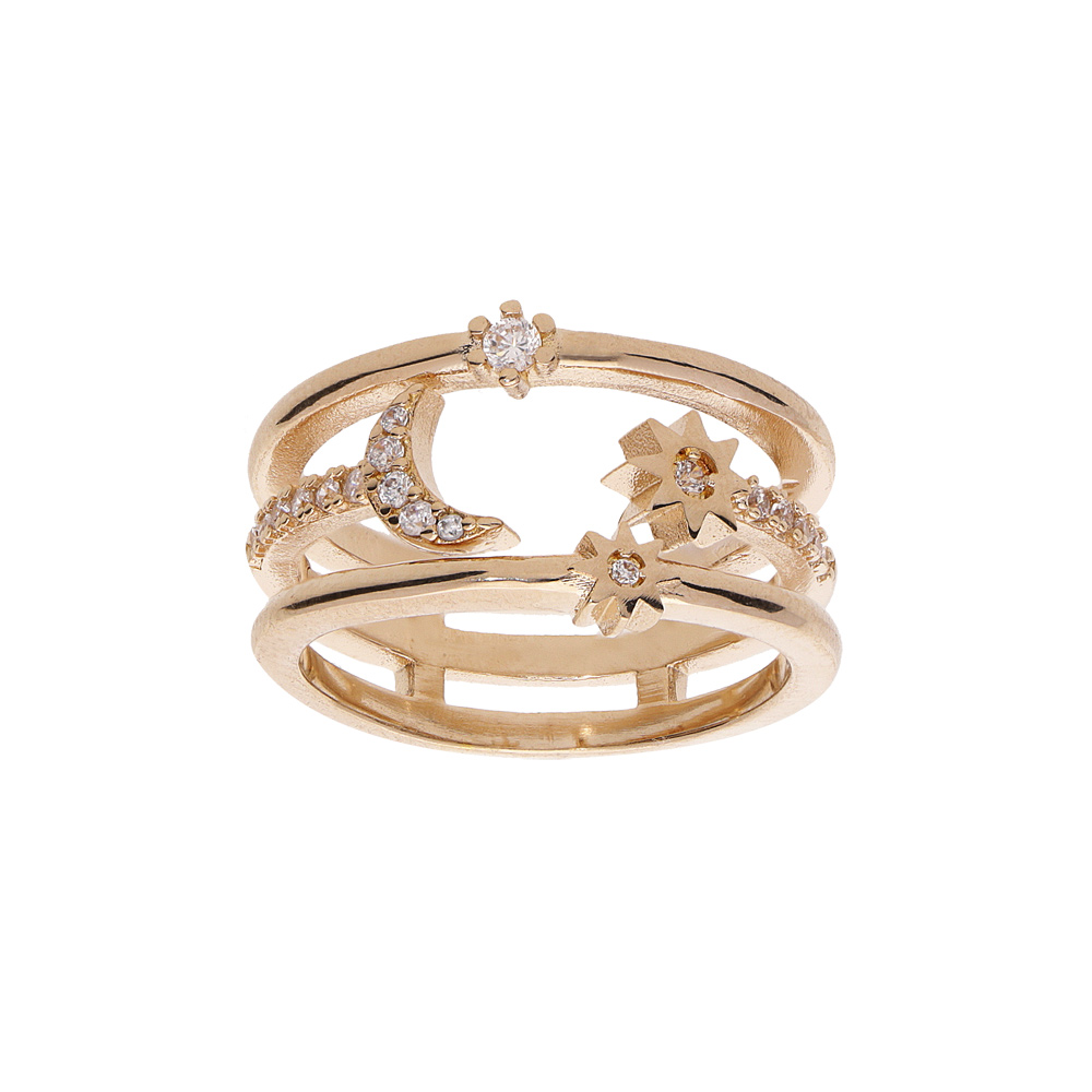 Bague en plaqu� or 3 rangs motifs lune et soleil avec oxydes blancs sertis - Vue 1