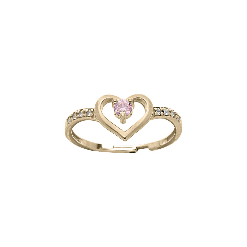 Bague en plaqu or rglable motif coeur avec oxyde rose et oxydes blancs sertis (rglable 46.48.50) - Vue 1