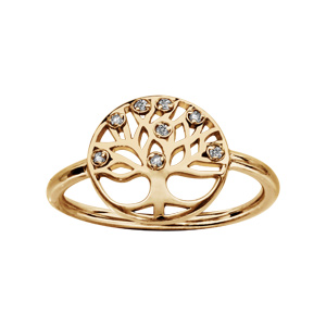 Bague en plaqu or rond avec motif arbre de vie dcoup et orn d\'oxydes blancs - Vue 1