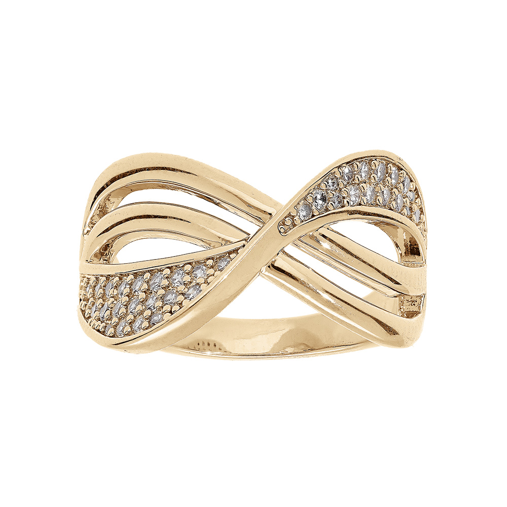 Bague en plaqu or ruban crois et oxydes blancs sertis - Vue 1