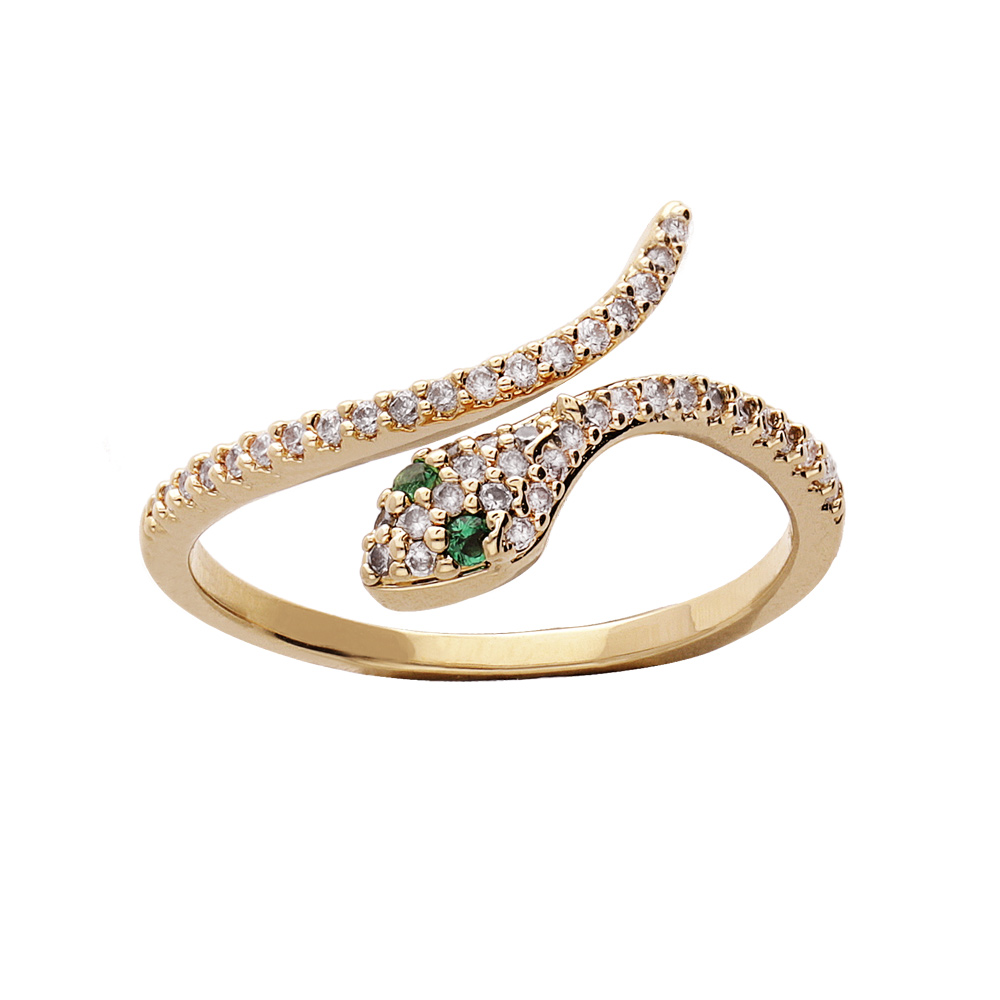 Bague en plaqu� or serpent pav� d\'oxydes blancs et verts sertis - Vue 1