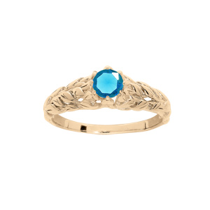 Bague en plaqu or solitaire 5mm oxyde bleu ciel et feuillage - Vue 1