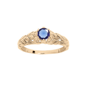 Bague en plaqu or solitaire 5mm oxyde bleu fonc et feuillage - Vue 1