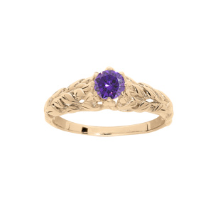 Bague en plaqu or solitaire 5mm oxyde violet et feuillage - Vue 1