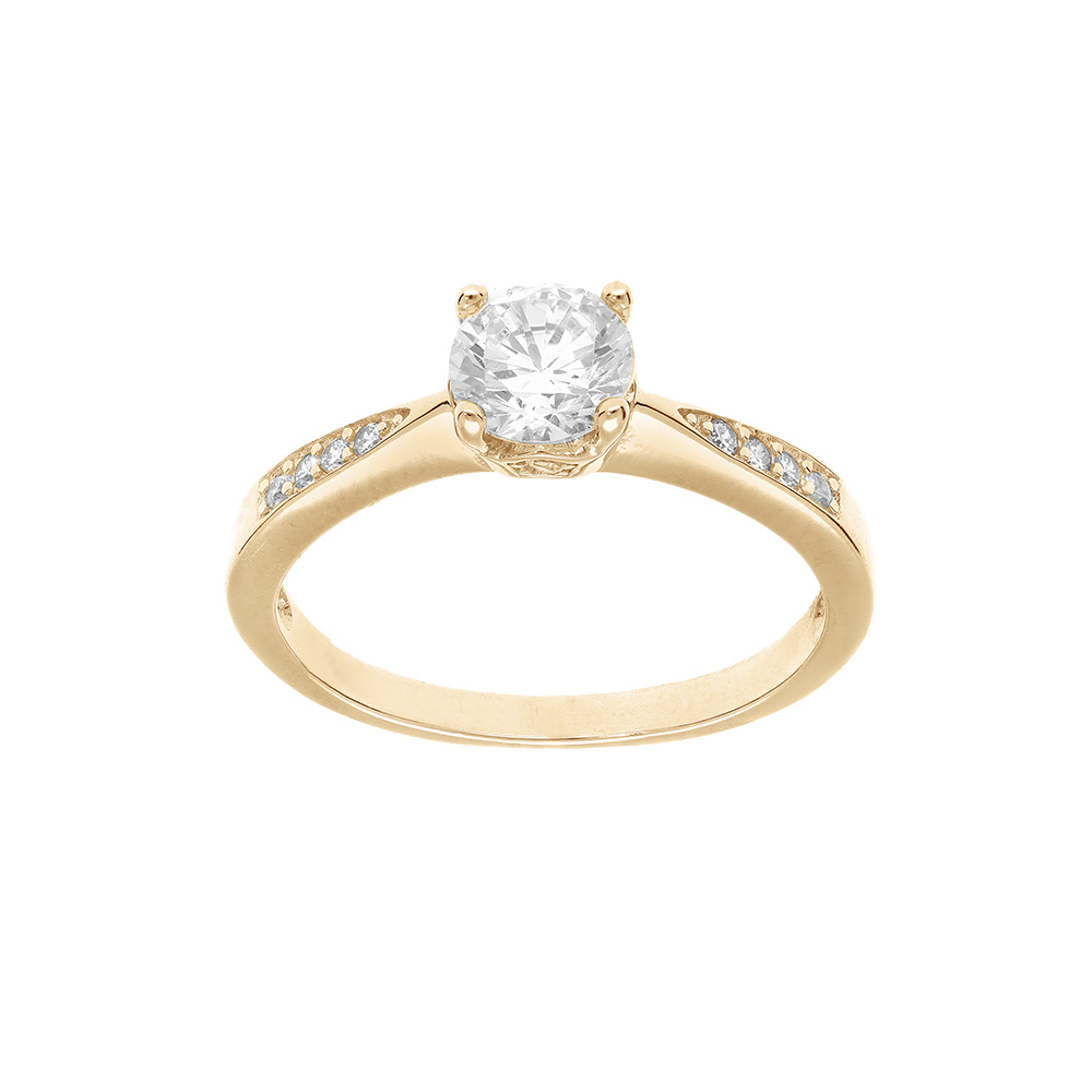 Bague en plaqu� or solitaire avec court rail d\'oxydes blancs sertis et 1 oxyde blanc serti griffe - Vue 1