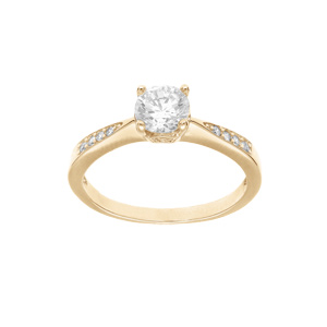 Bague en plaqu or solitaire avec court rail d\'oxydes blancs sertis et 1 oxyde blanc serti griffe - Vue 1