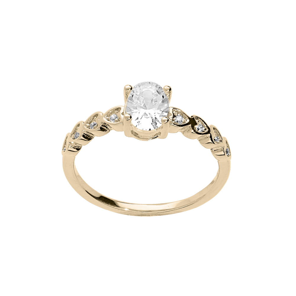 Bague en plaqu� or solitaire avec oxydes blancs ovale sertis griffes - Vue 1