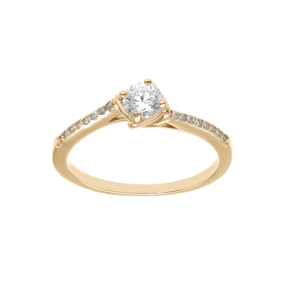 Bague en plaqu� or solitaire avec oxydes blancs sertis sur fin anneau et 1 oxyde blanc serti griffe - Vue 1