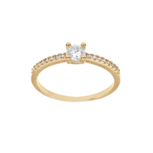 Bague en plaqu or solitaire avec rails d\'oxydes blancs sertis et 1 oxyde blanc serti griffe - Vue 1