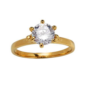 Bague en plaqu or solitaire en oxyde blanc serti 6 griffes et petits lments sur les cts - Vue 1