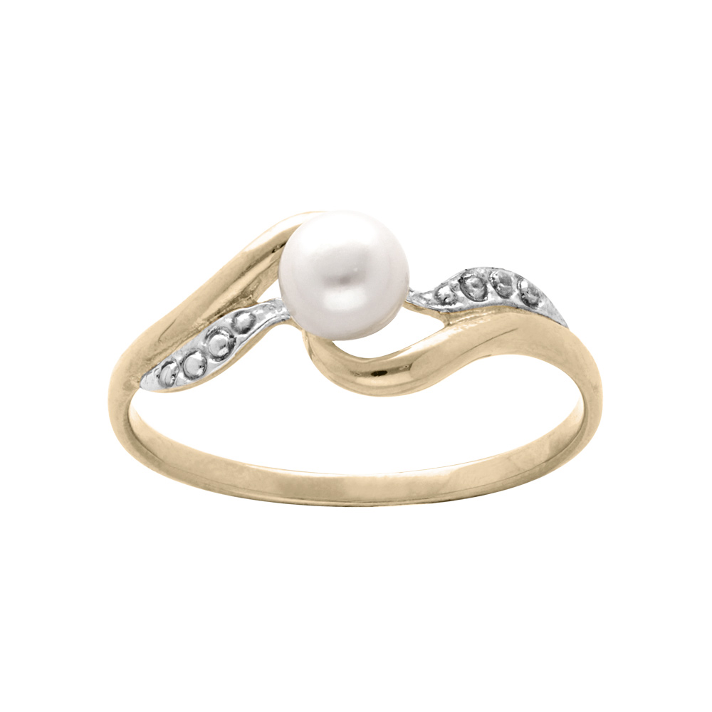 Bague en plaqu� or torsade avec Perle de culture d\'eau douce blanche et oxydes blancs sertis - Vue 1