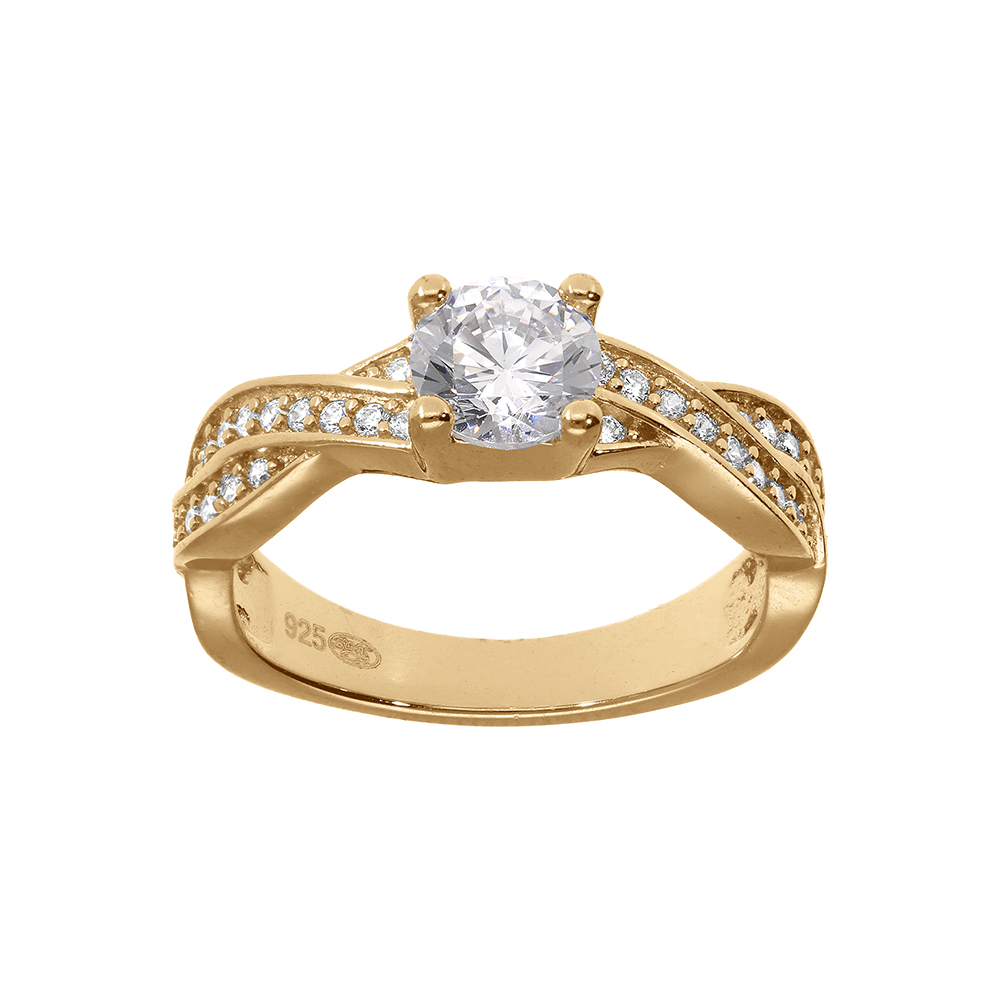 Bague en plaqu or tresse solitaire avec oxydes blancs - Vue 1