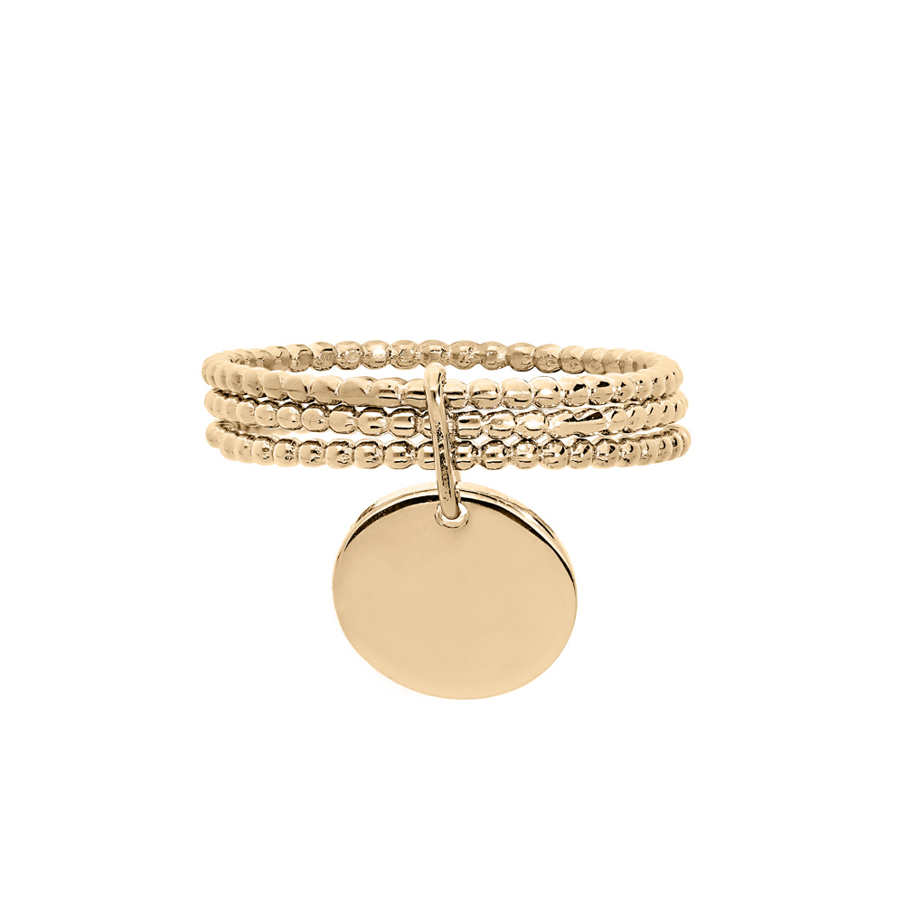 Bague en plaqu� or triple anneaux boules avec pampille lisse - Vue 1