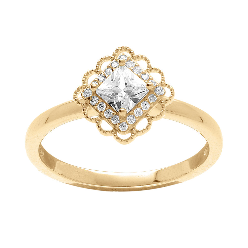 Bague en vermeil avec carr� oxyde blanc serti contour dentel� - Vue 1