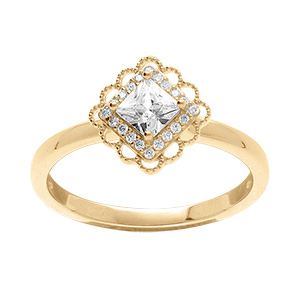Bague en vermeil avec carr oxyde blanc serti contour dentel