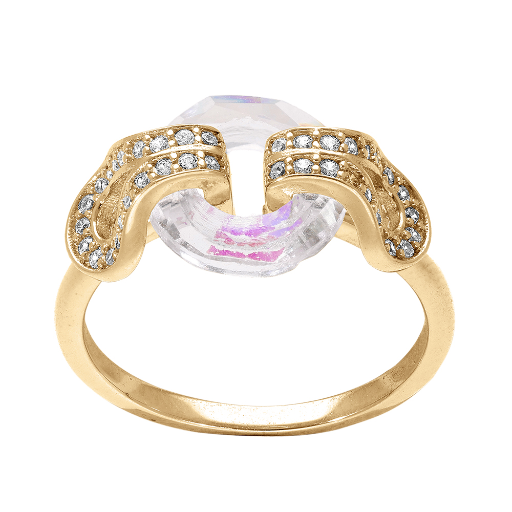 Bague en vermeil avec cercle verre facet blanc et volute d\'oxydes blancs sertis - Vue 1